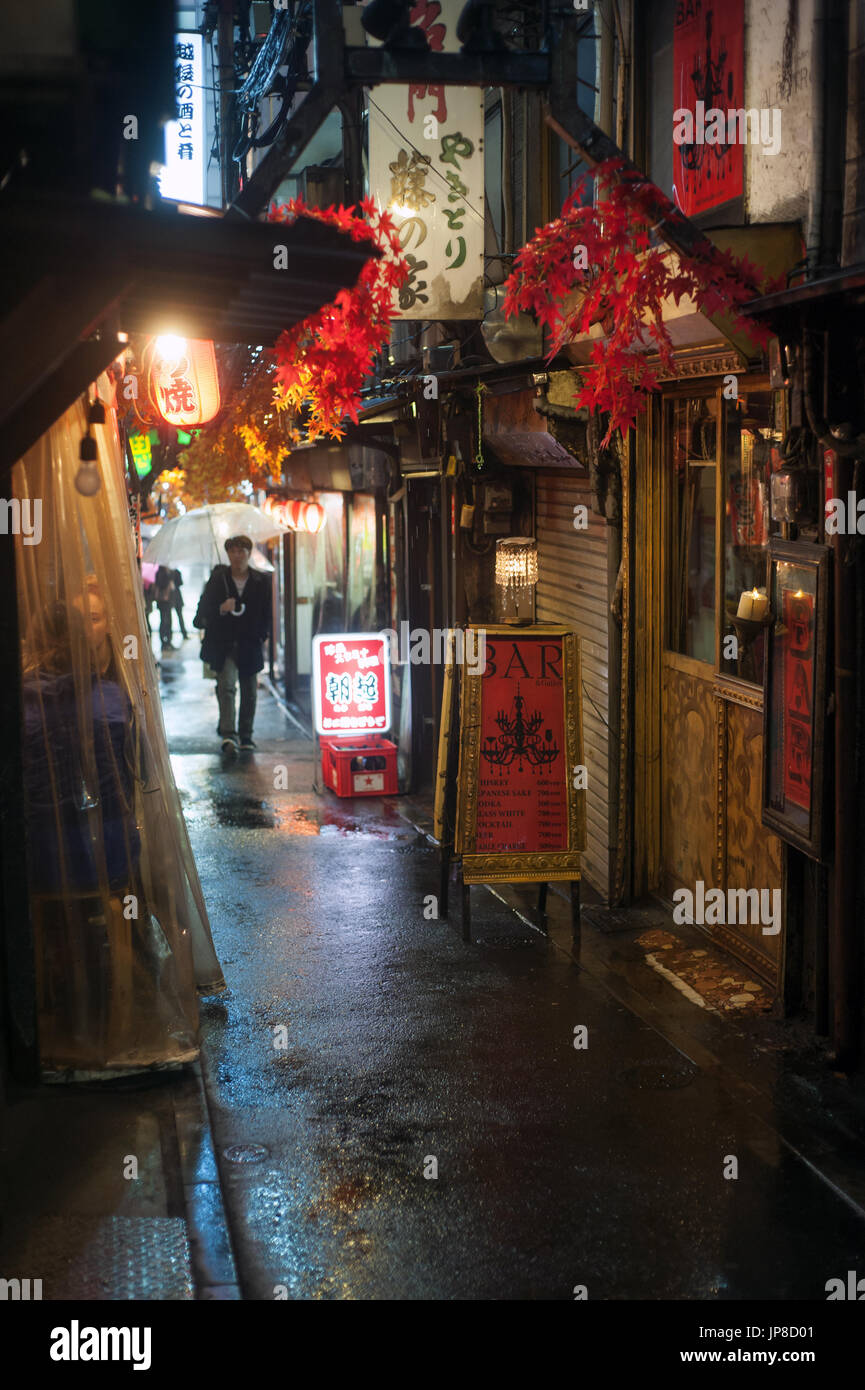 Tokyo, Japan - Night view of the alley Memory Lane in Shinjuku famous for its yajitory restaurants Stock Photo