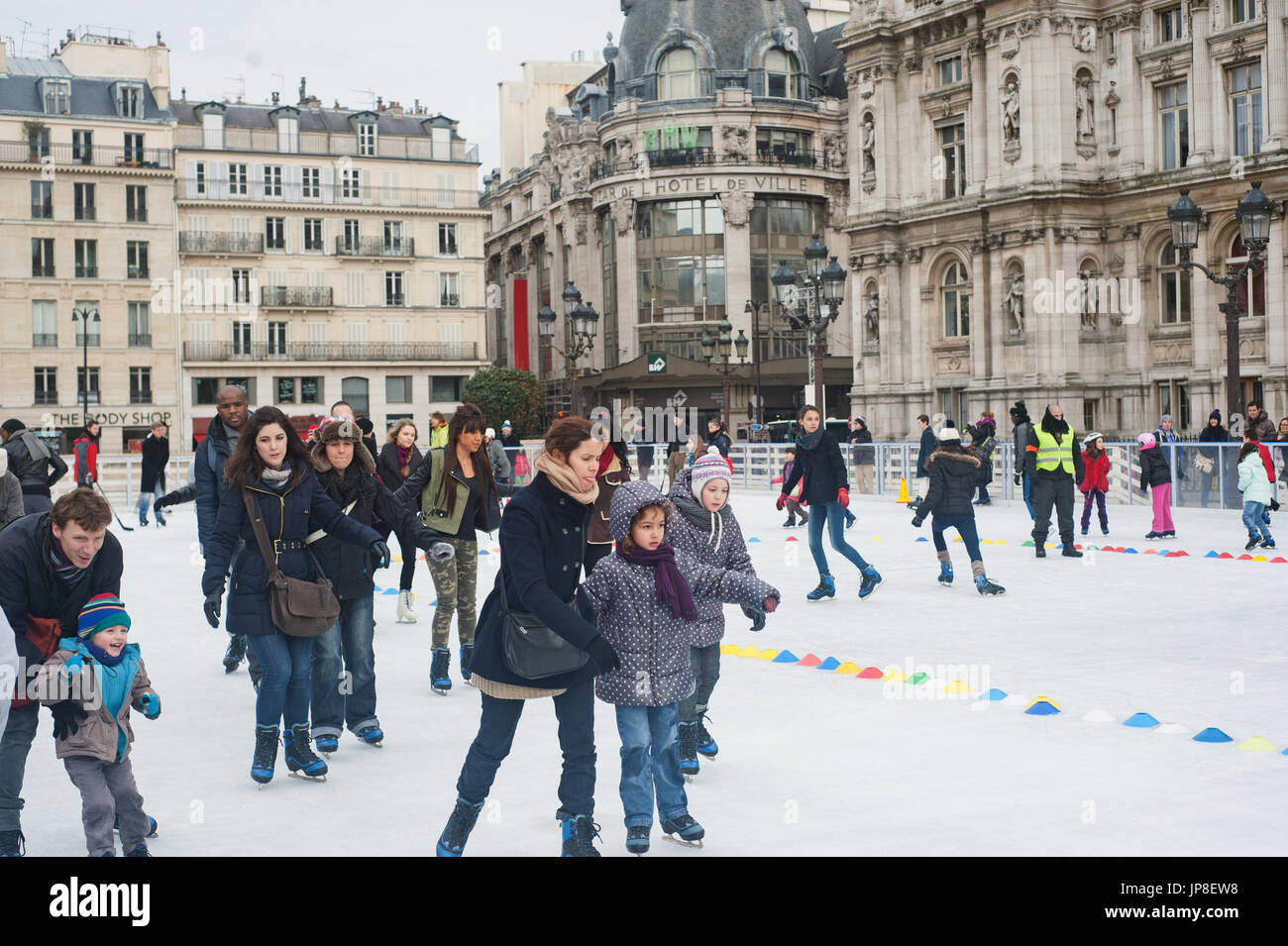 Paris, France, people ice skating at Hotel de Ville at Christmas time