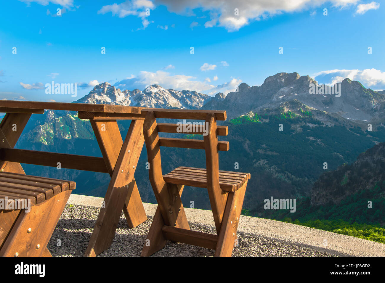 Rural cozy chairs for resting in the highmountain Stock Photo