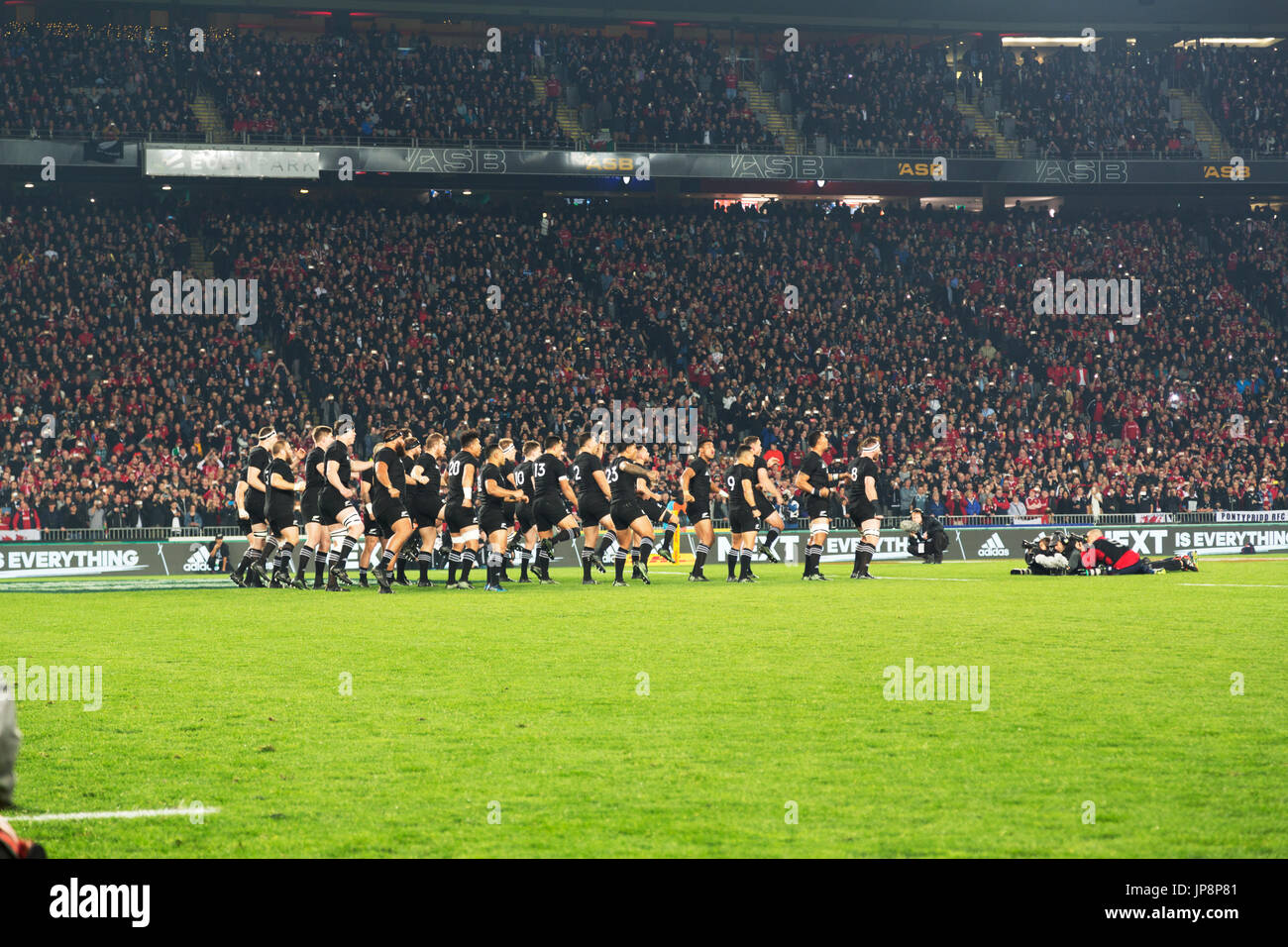 The All Blacks perform the Haka, Eden Park, Auckland, Saturday July 8th 2017 before the Rugby World Cup final against the British and Irish Lions Stock Photo