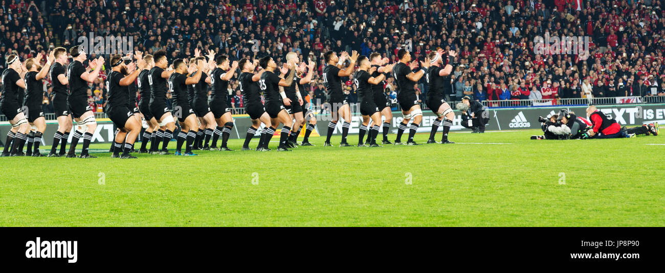 The All Blacks perform the Haka, Eden Park, Auckland, Saturday July 8th 2017 before the Rugby World Cup final against the British and Irish Lions Stock Photo