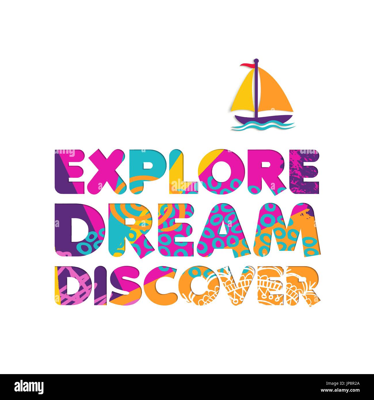 Explore dream discover text quote with boat in paper cut style Stock