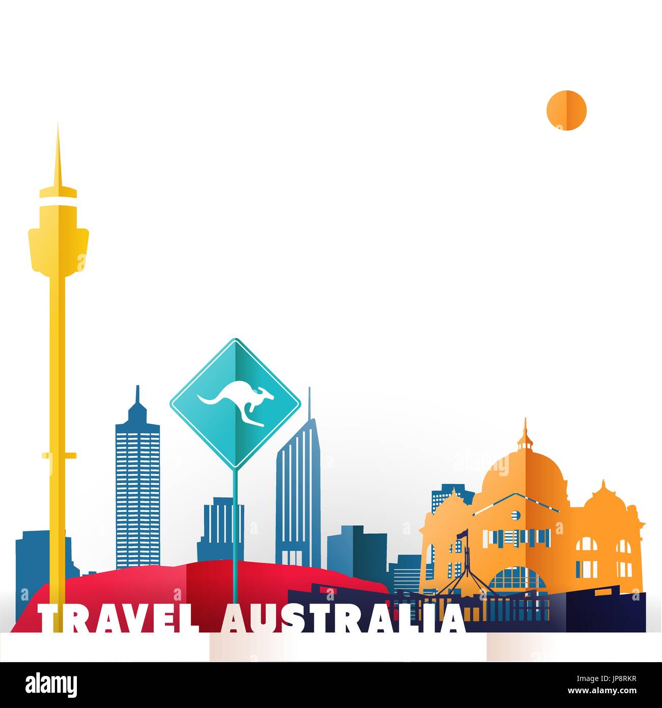 Travel Australia concept illustration in paper cut style, famous world landmarks of Australian country. Includes Sydney tower, kangaroo sign, Melbourn Stock Vector