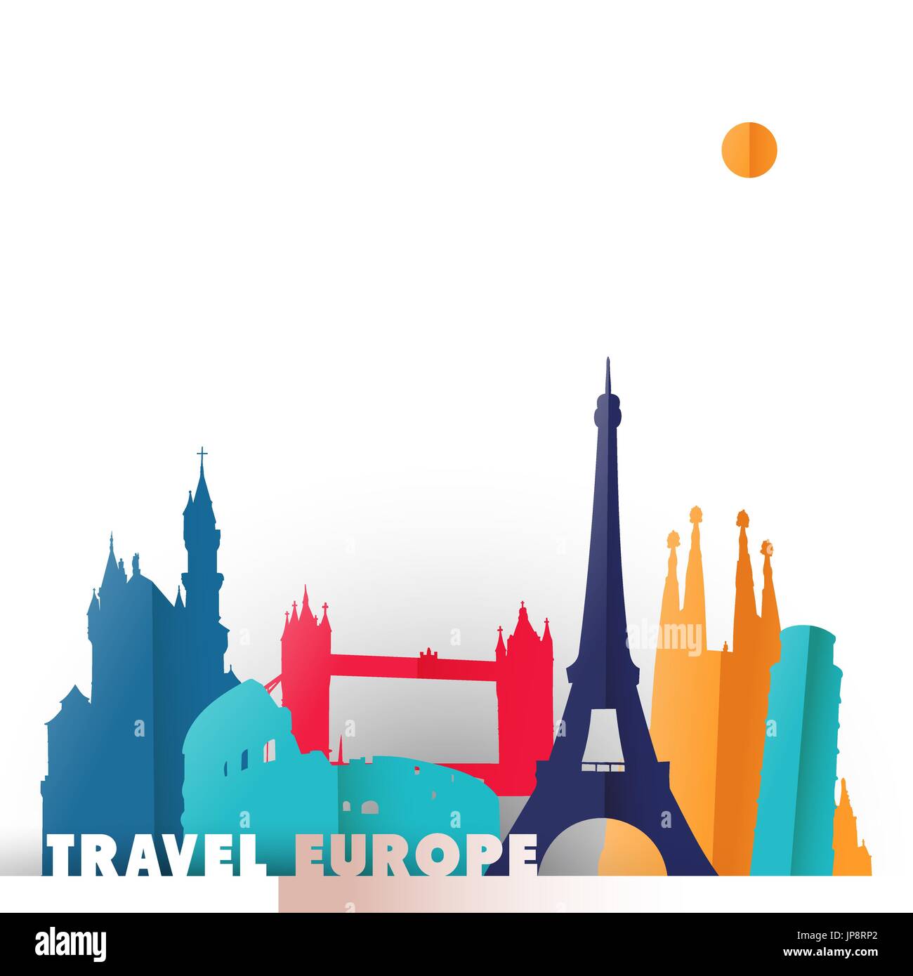 Travel Europe concept illustration in paper cut style, famous world landmarks of European countries. Includes Eiffel tower, London bridge, Rome colise Stock Vector