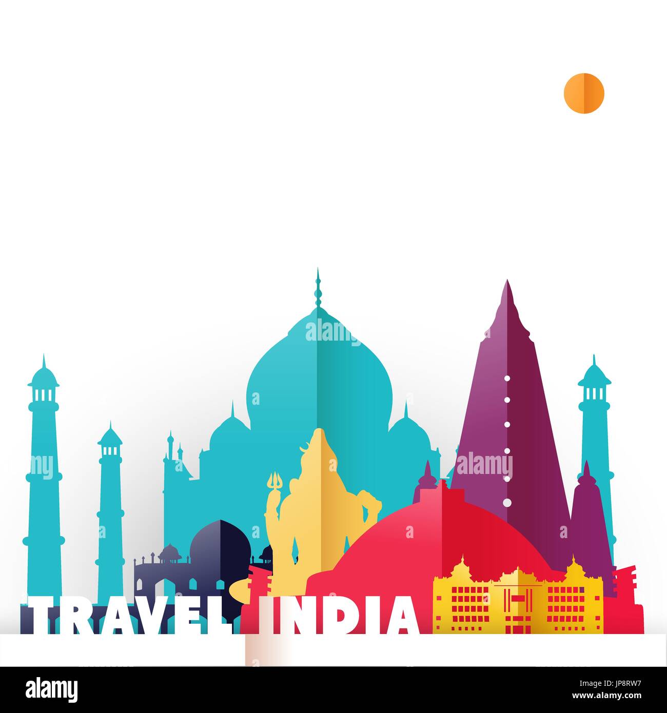 Travel India concept illustration in paper cut style, famous world landmarks of Indian country. Includes Taj Mahal, Shiva statue, Buddhist temples. EP Stock Vector