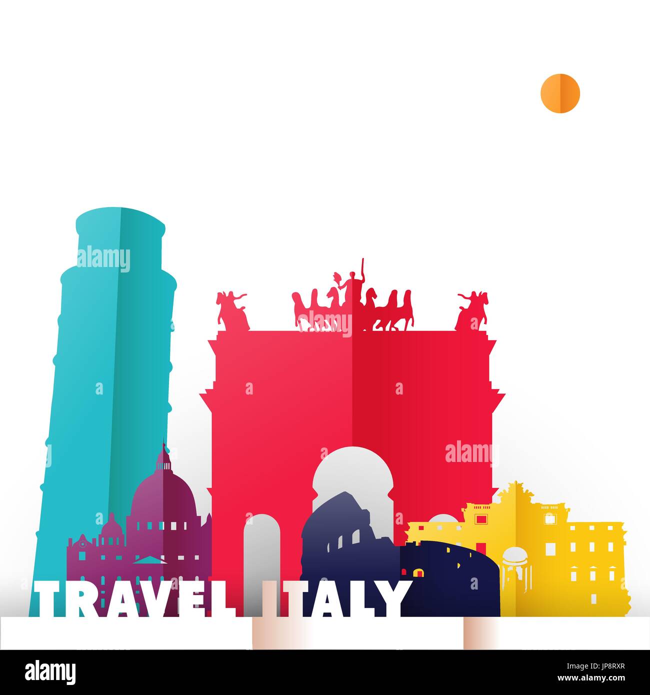 Travel Italy concept illustration in paper cut style, famous world landmarks of Italian country. Includes Pisa tower, Roman Colosseum, Trevi fountain. Stock Vector