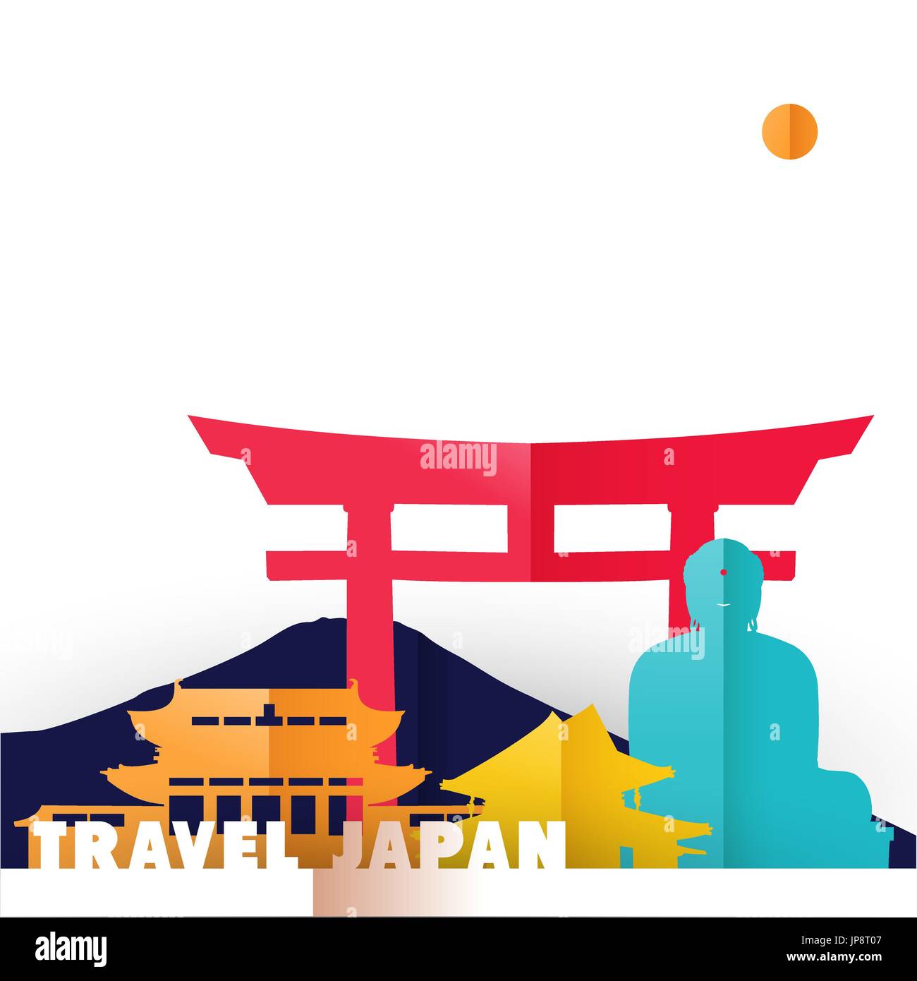 Travel Japan concept illustration in paper cut style, famous world landmarks of Japanese country. Includes Buddha statue, Mount Fuji, ancient temples. Stock Vector