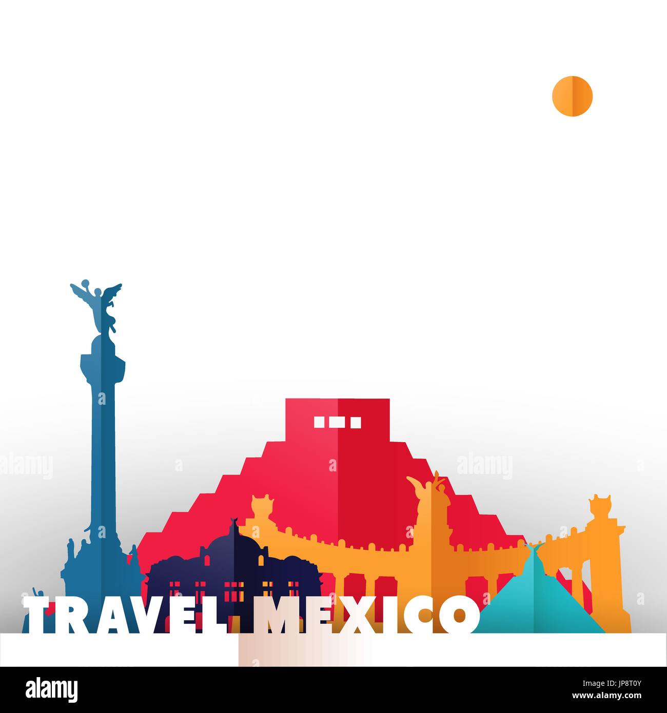 Travel Mexico concept illustration in paper cut style, famous world landmarks of mexican country. Includes Aztec pyramid, monument to independence, fi Stock Vector