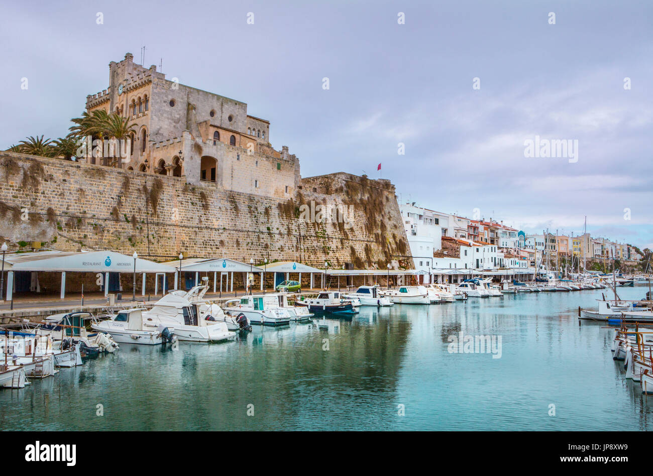 Spain balearic Islands, Menorca Island, Ciutadella City, City Hall Building,  and Ciutadella Port Stock Photo