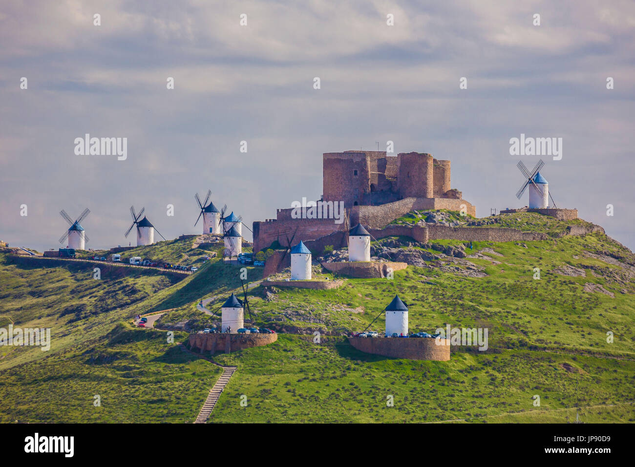 Spain, La Mancha region, Consuegra windmills and Castle, Stock Photo