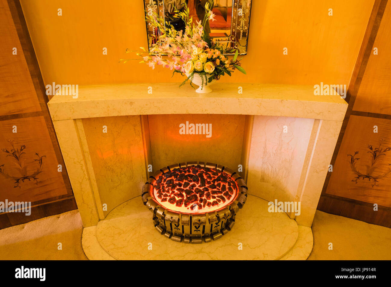 England, London, Greenwich, Eltham Palace, Virginia Courtauld's Bedroom Fireplace Stock Photo