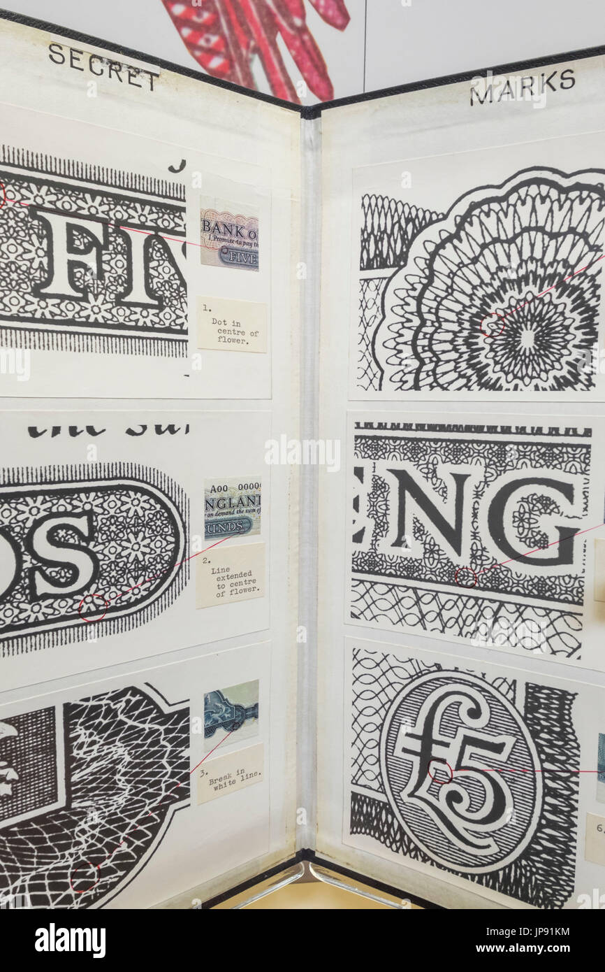 England, London, The City, Bank of England Museum, Display of Secret Marks on Currency Notes Stock Photo
