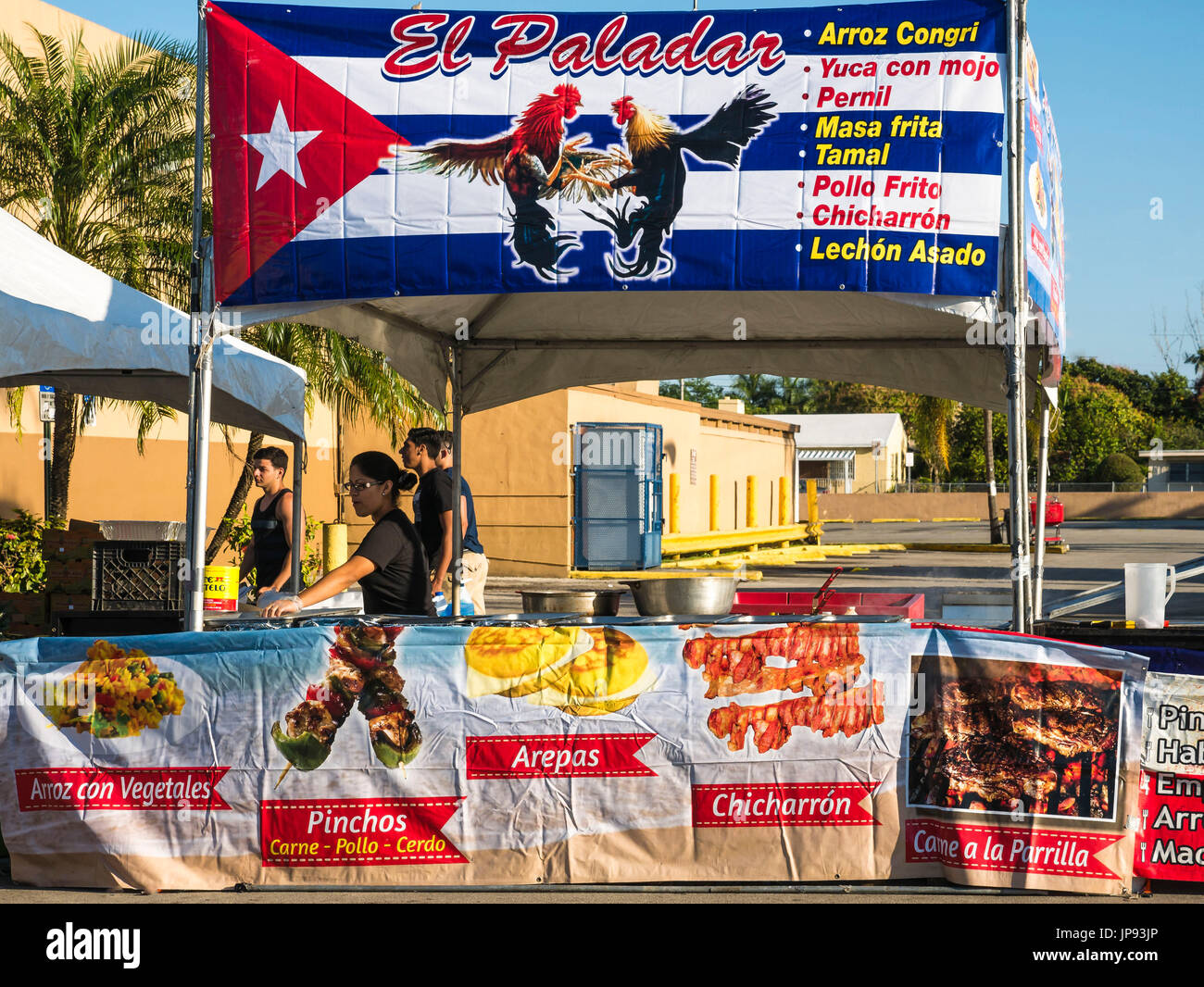 Food Kiosk, Calle Ocho Carnival, Miami, Florida, USA Stock Photo