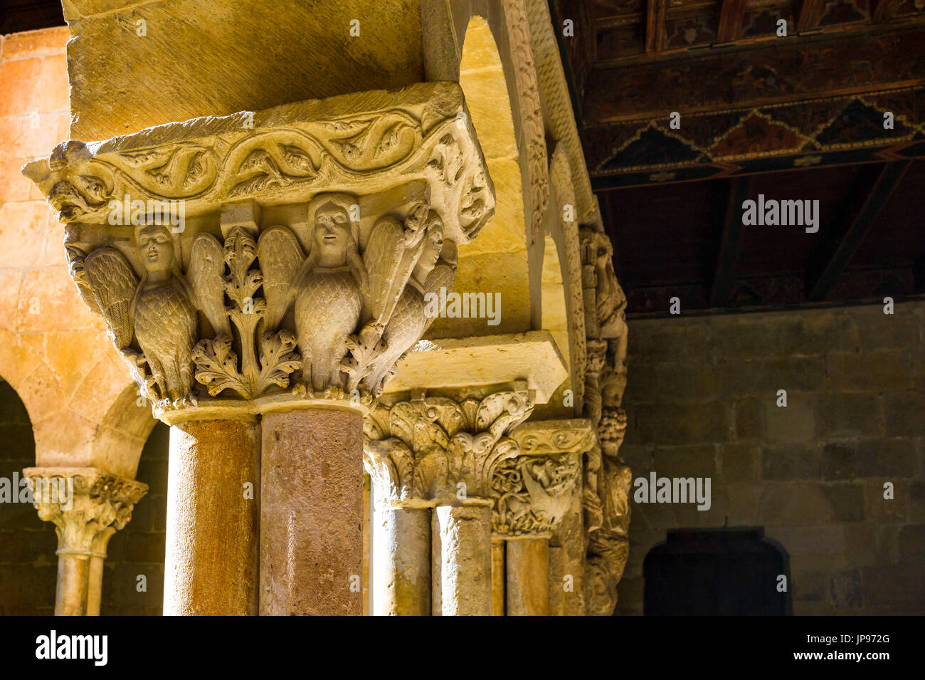 Romanesque Capitals, Cloister of Santo Domingo de Silos Monastery, Spain Stock Photo