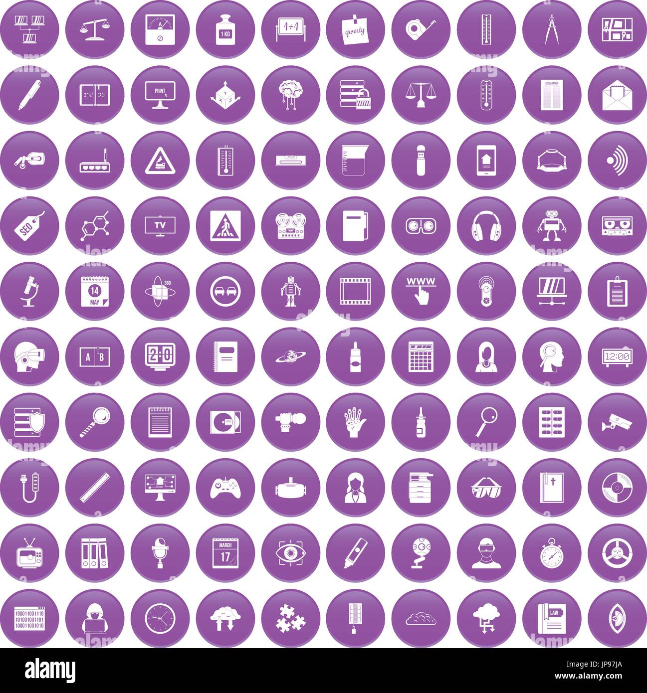 100 information icons set purple Stock Vector