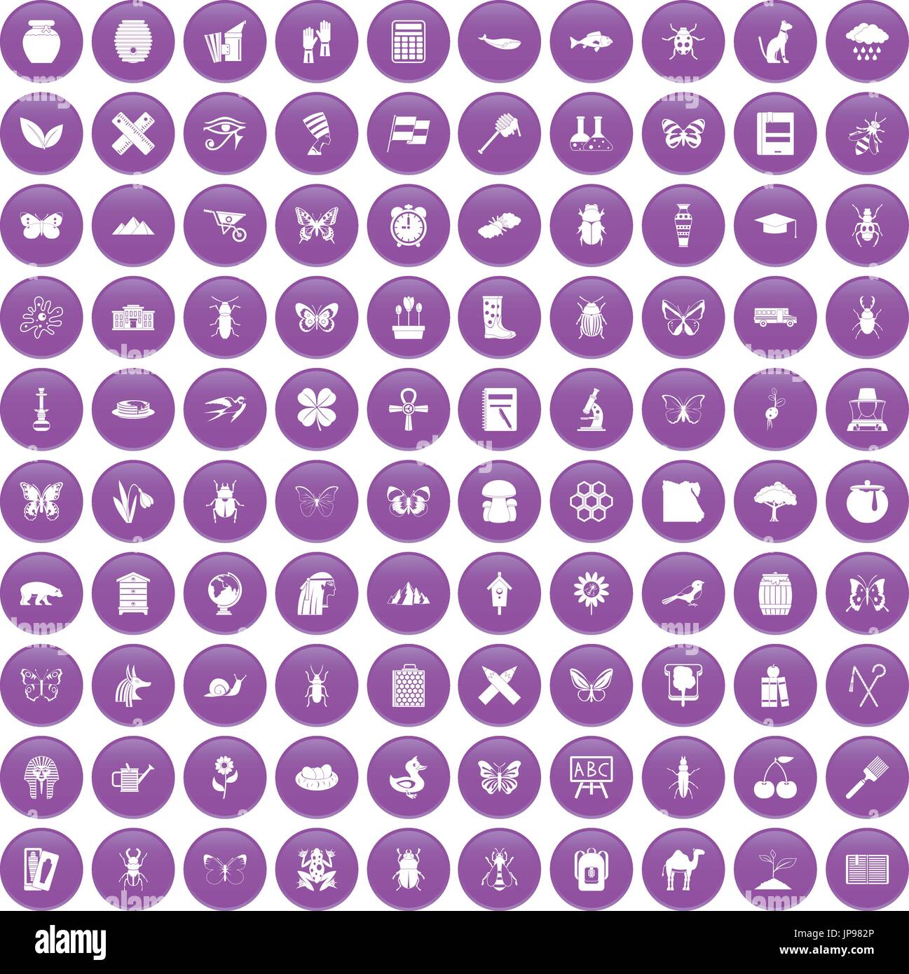 100 insects icons set purple Stock Vector