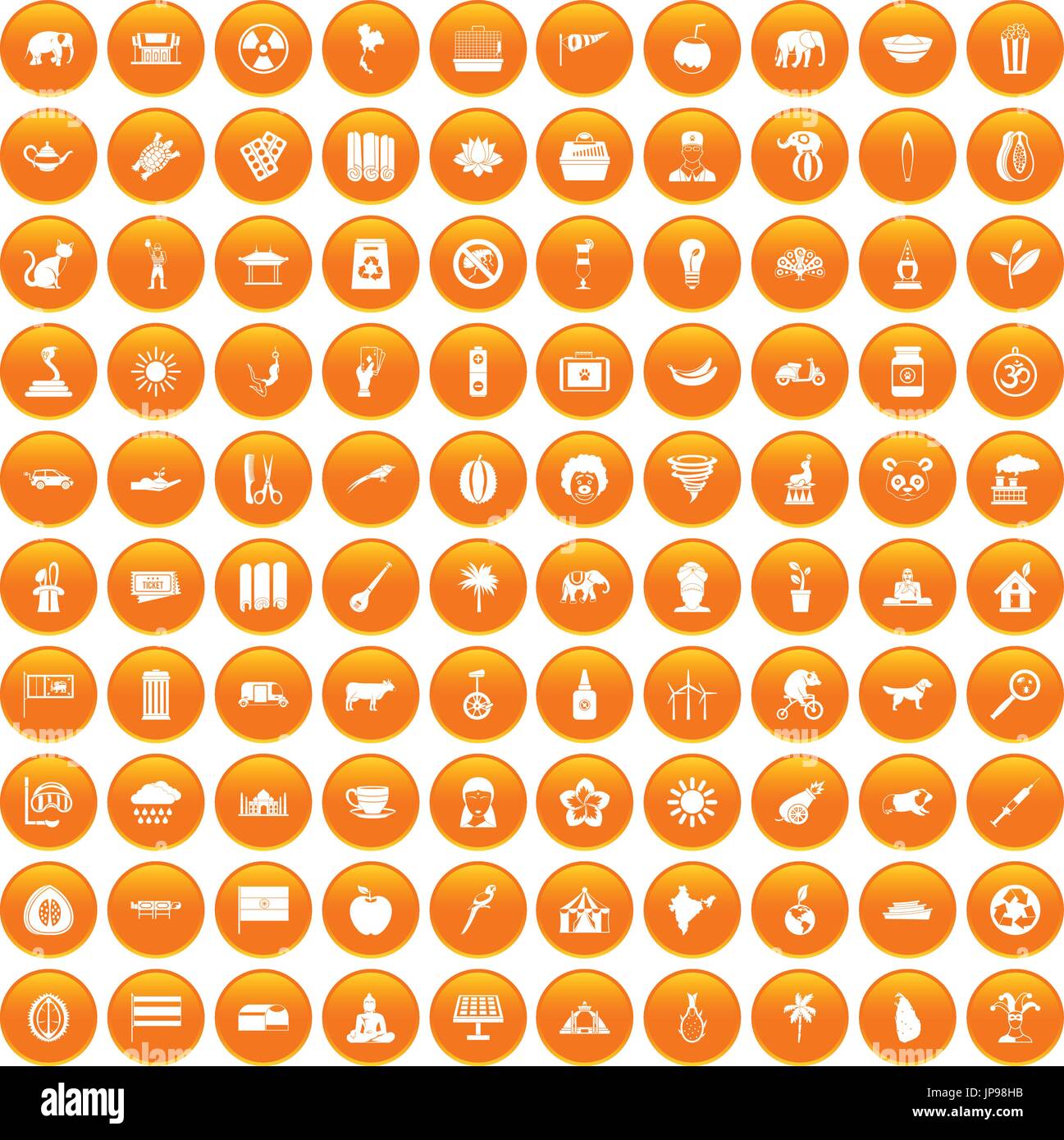 100 elephant icons set orange Stock Vector