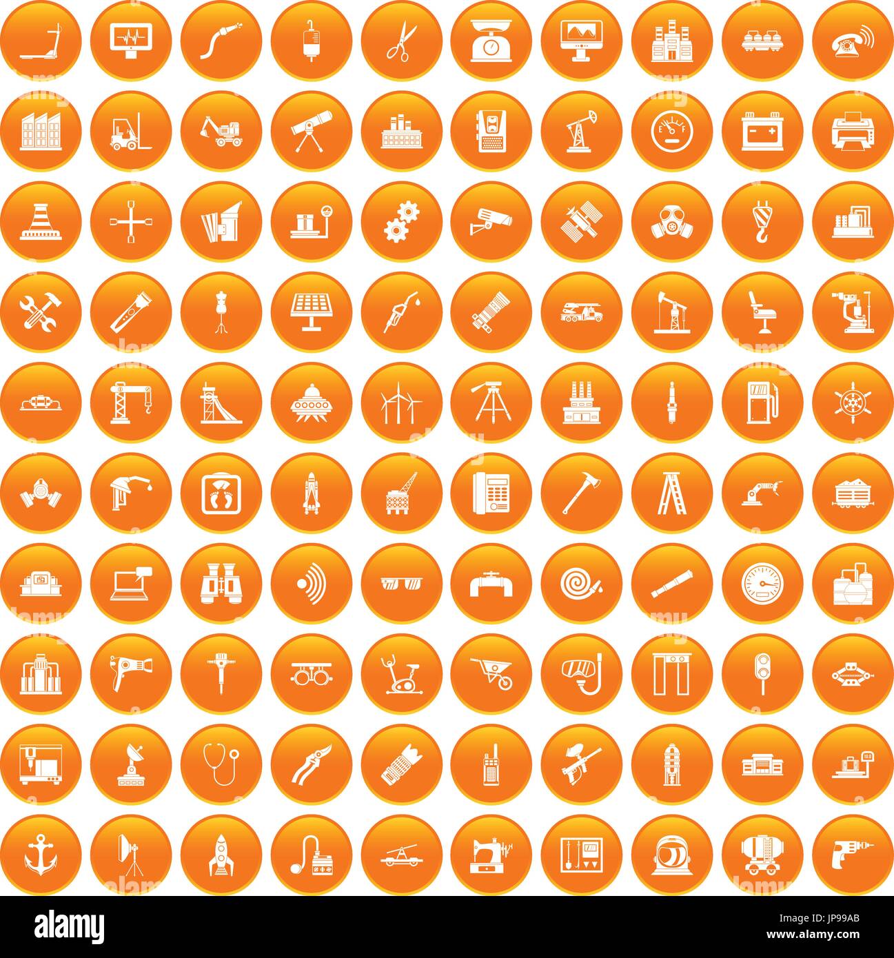 100 equipment icons set orange Stock Vector