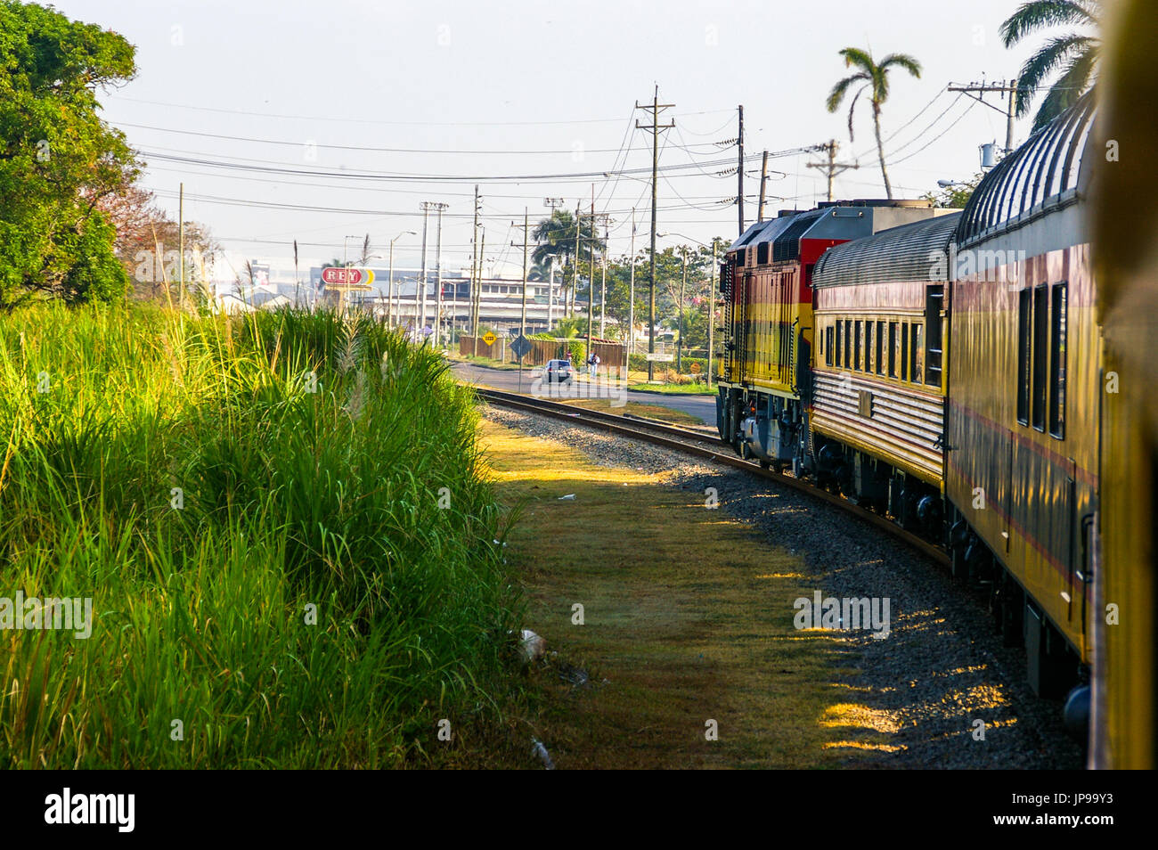 Images of the panama canal railway train approaching Colon Stock Photo