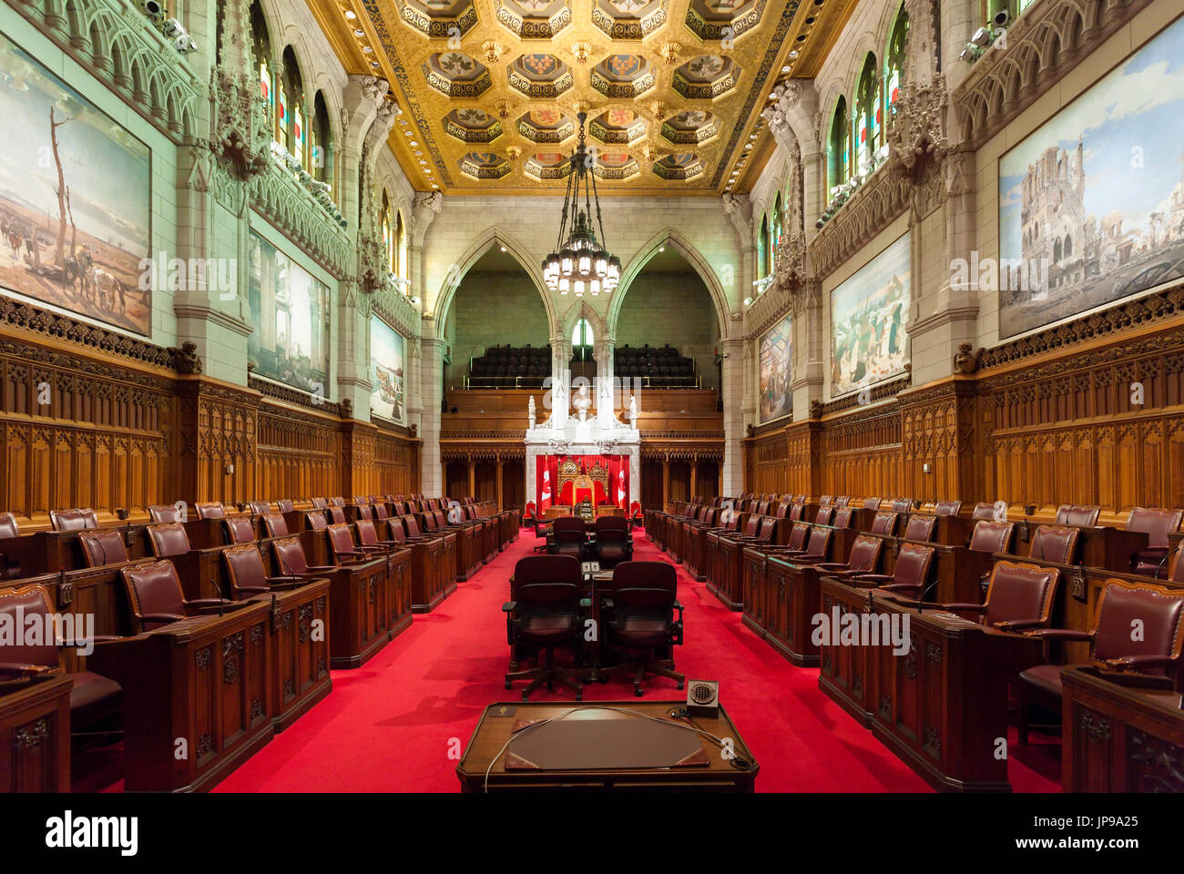 The Senate Chamber inside the East Wing of Centre Block the main building of the Canadian parliamentary complex on Parliament Hill in Ottawa, Ontario. Stock Photo