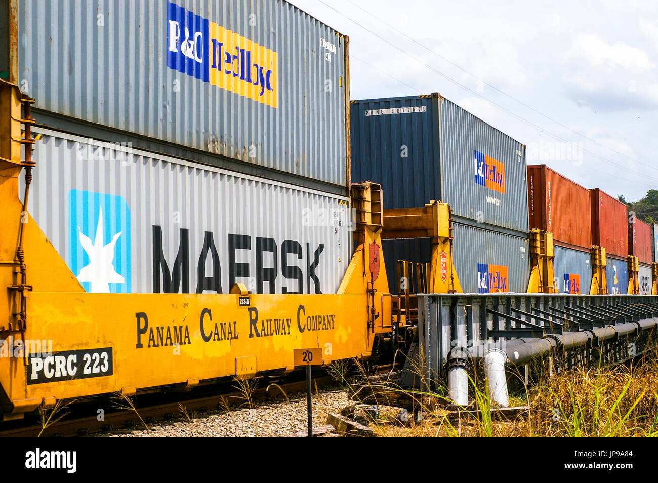 Panama canal railway container train moving cargo from Panama City to Colon Stock Photo