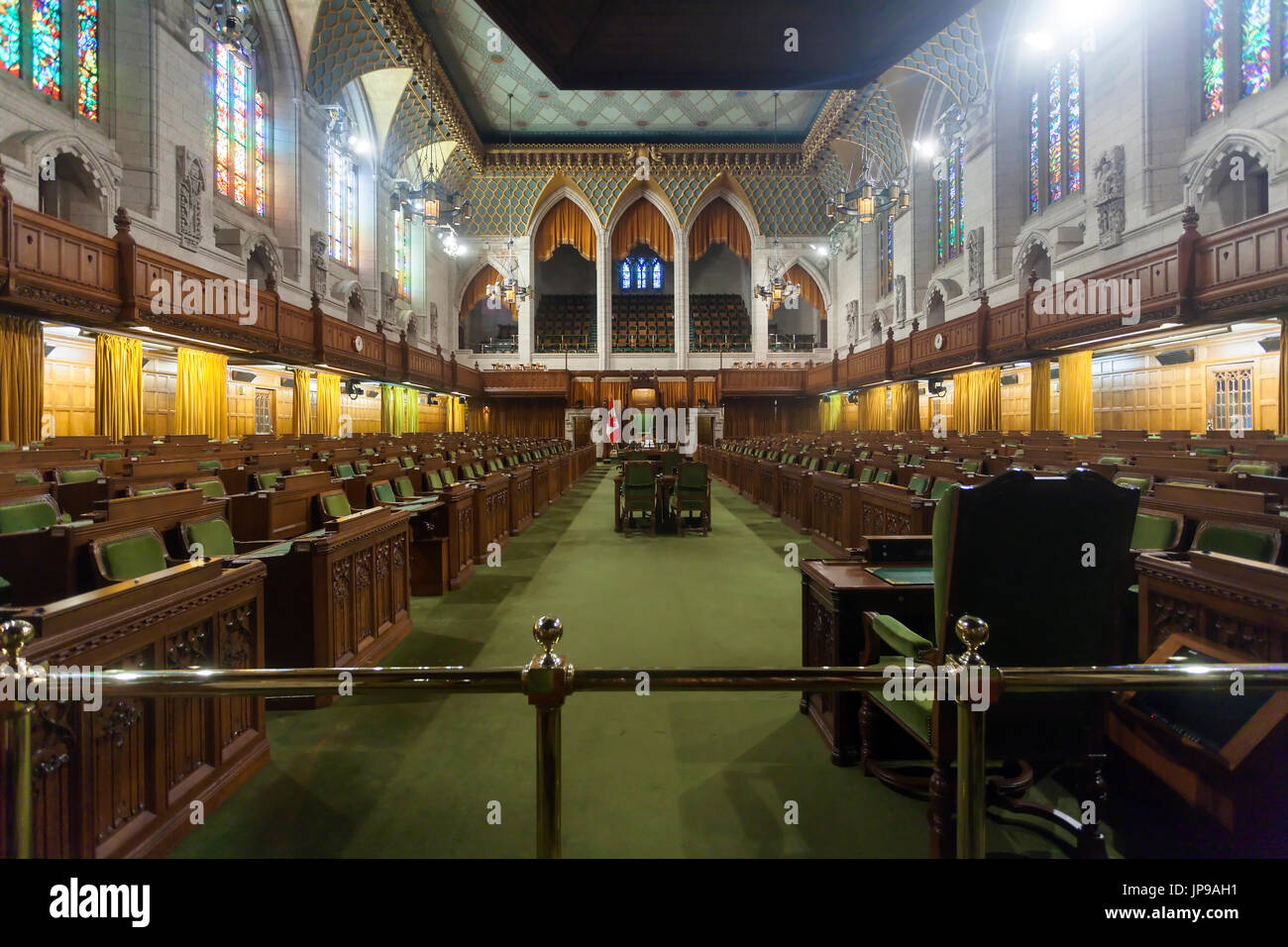 The House of Commons Chamber inside the Centre Block the main building of the Canadian parliamentary complex on Parliament Hill in Ottawa, Ontario. Stock Photo