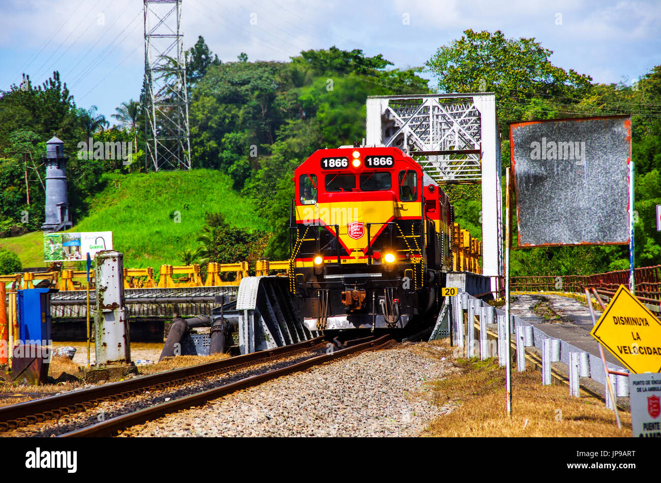 Panama canal railway train on the Gamboa Bridge traveling from Panama