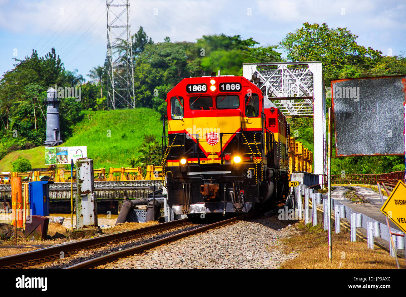 Panama canal railway train on the Gamboa Bridge traveling from Panama City to Colon Stock Photo