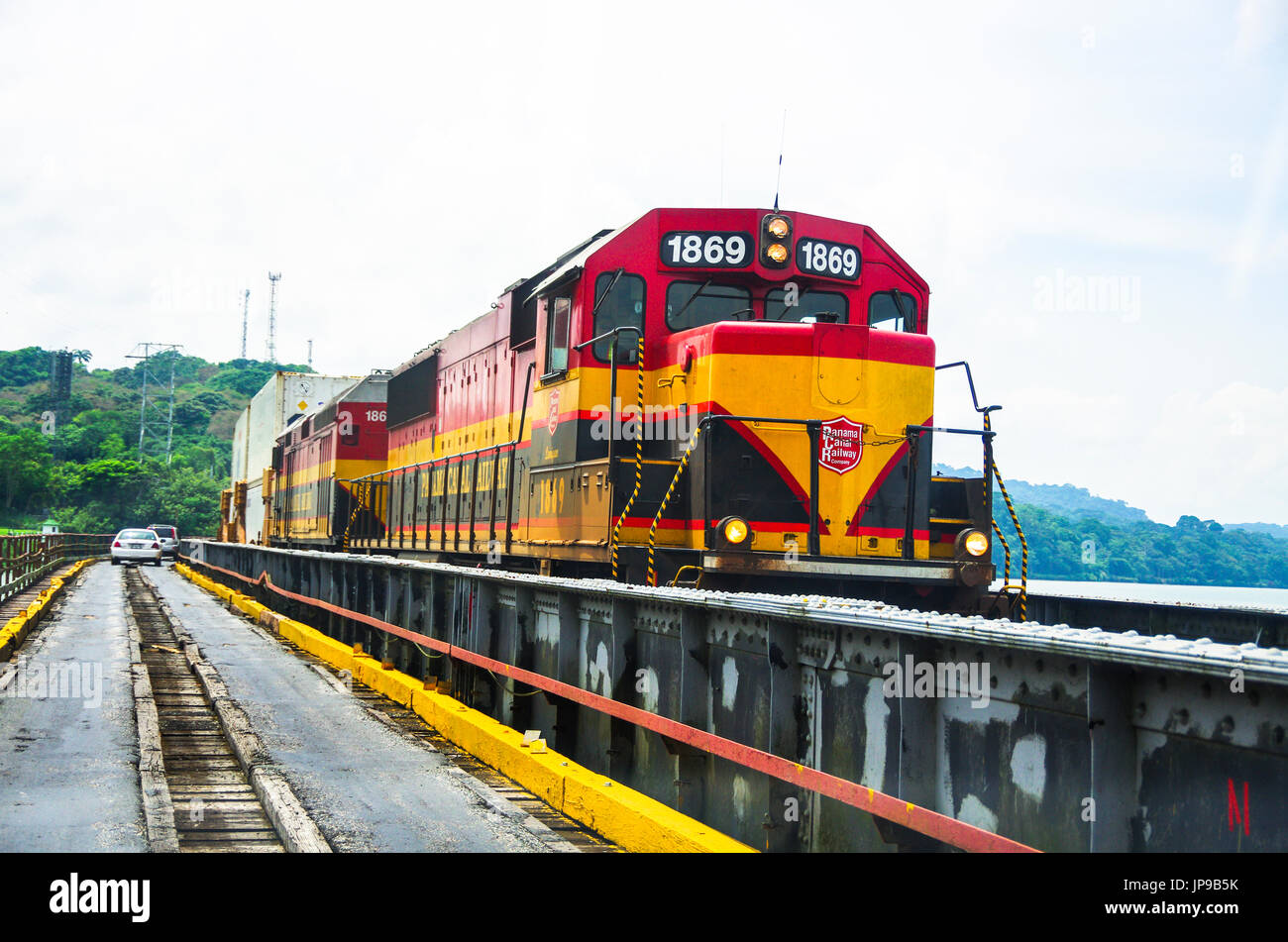 Panama canal railway train on the Gamboa Bridge traveling from Panama City to Colon Stock Photo