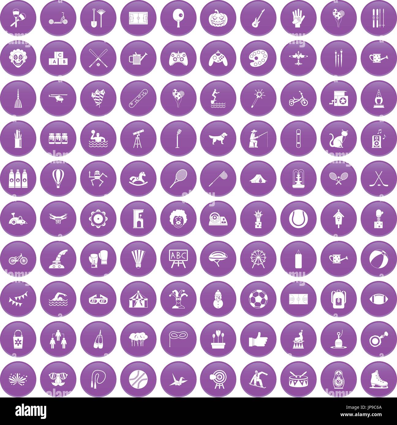 100 kids activity icons set purple Stock Vector