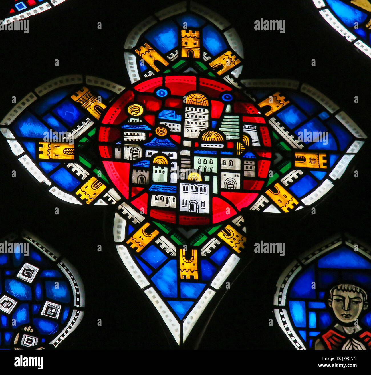 Stained Glass in Wormser Dom in Worms, Germany, depicting the New Jerusalem, capital of the Messianic Kingdom. Stock Photo