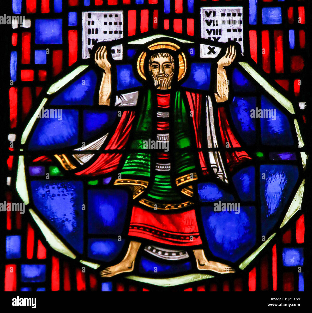 Stained Glass in Wormser Dom in Worms, Germany, depicting Moses with the Stone Tablets and the Ten Commandments Stock Photo
