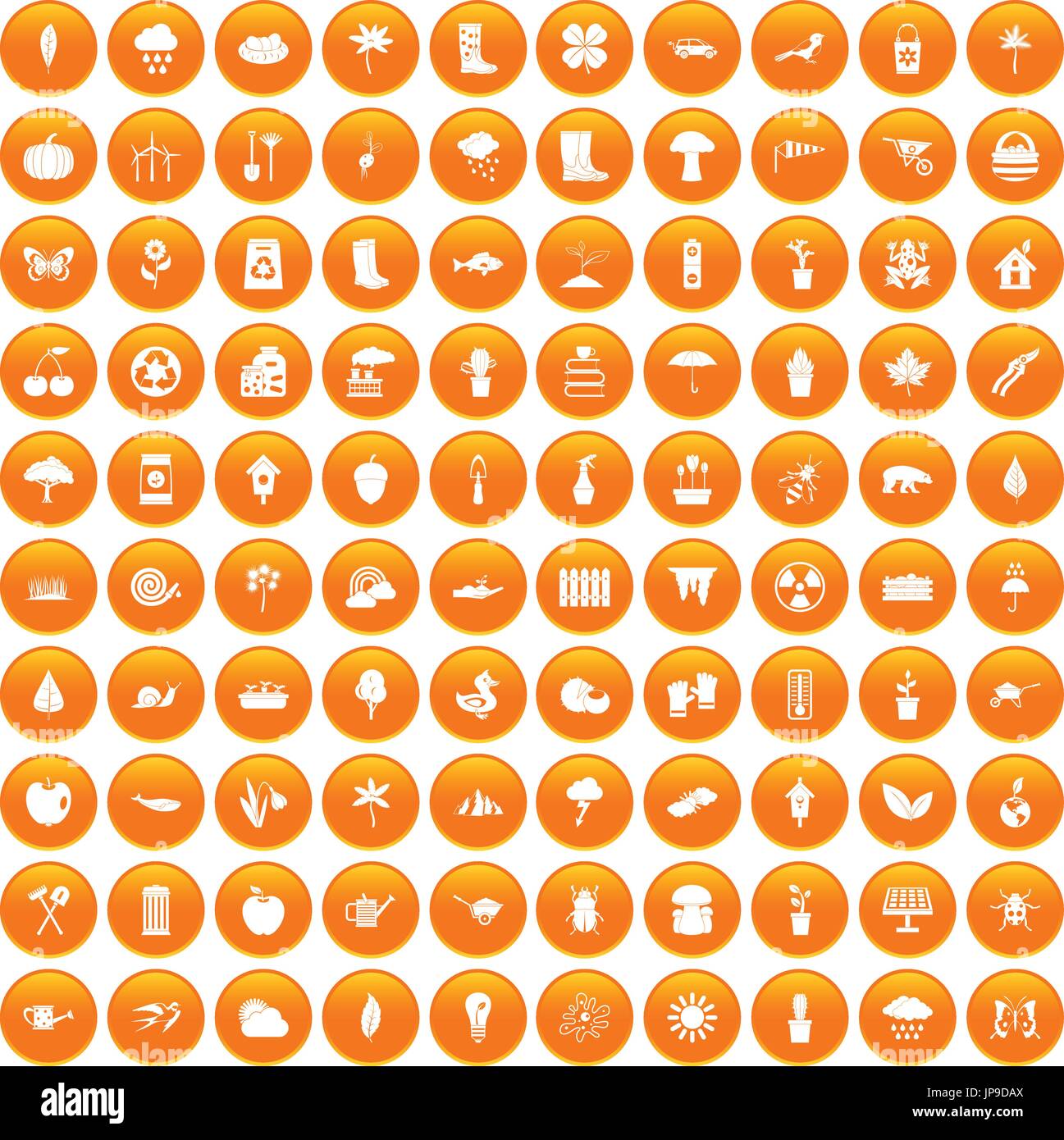100 garden stuff icons set orange Stock Vector