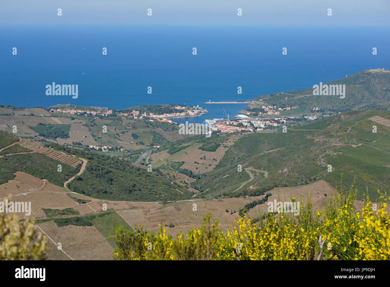Coastal landscape Port-Vendres fishing port on the shore of the Mediterranean sea, seen from the heights, Cote Vermeille, south of France, Roussillon Stock Photo