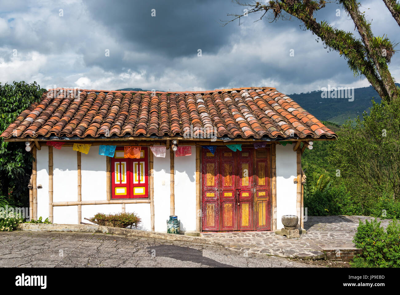 White colonial style building on a coffee plantation near Manizales, Colombia Stock Photo