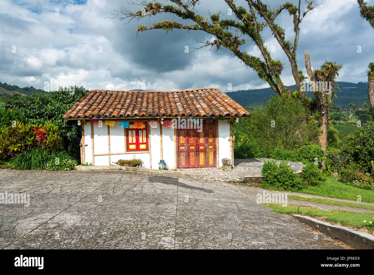 Small colonial style building on a coffee plantation near Manizales, Colombia Stock Photo