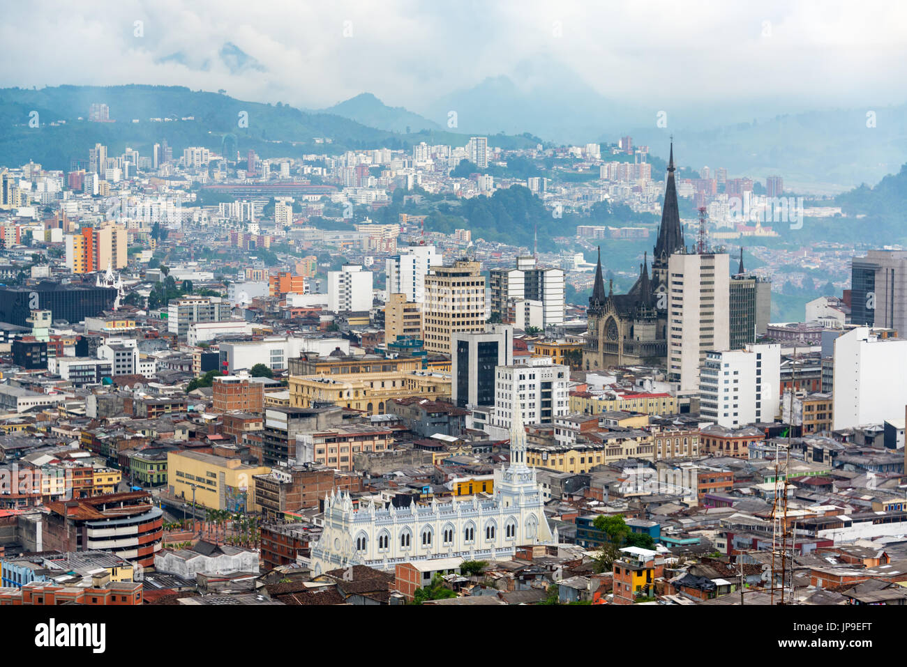 View of downtown Manizales, Colombia with the cathedral visible Stock