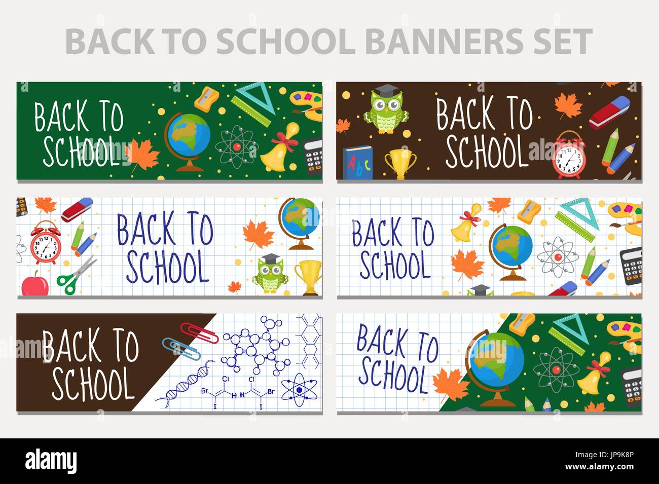 Back to school set of banners, template with space for text for your design. Education collection long board, poster, flyer. Flat style. Vector illustration. Stock Vector