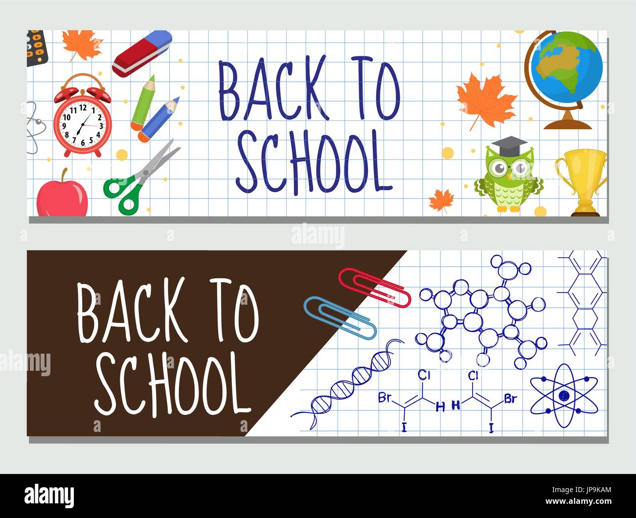 Back to school set of banners, template with space for text for your design. Education collection long board, poster, flyer. Flat style. Vector illustration. Stock Vector