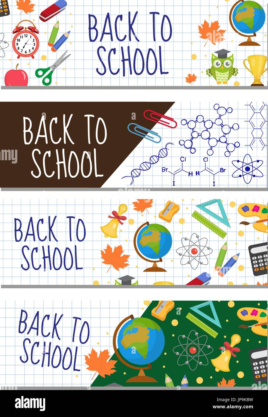 Back to school set of banners, template with space for text for your design. Education collection long board, poster, flyer. Flat style. Vector illustration. Stock Vector