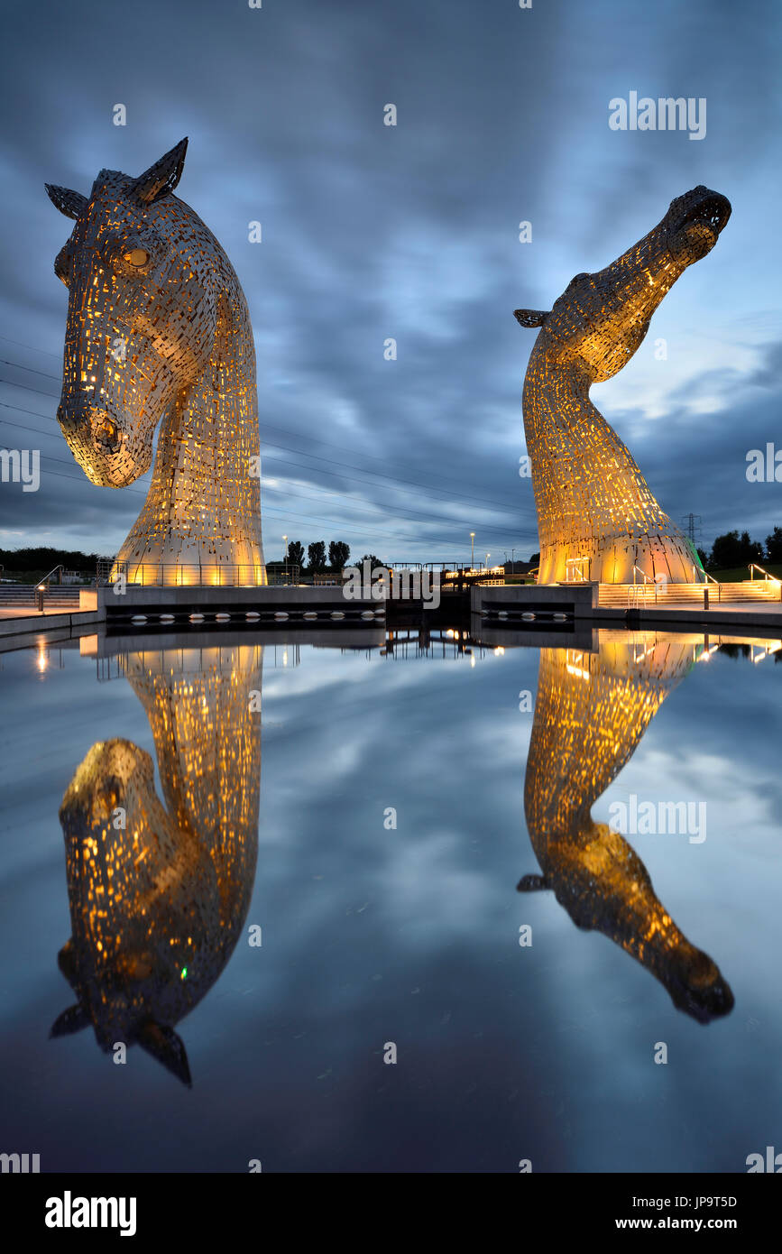 The Kelpies, 30metrehigh horsehead sculptures floodlit at night