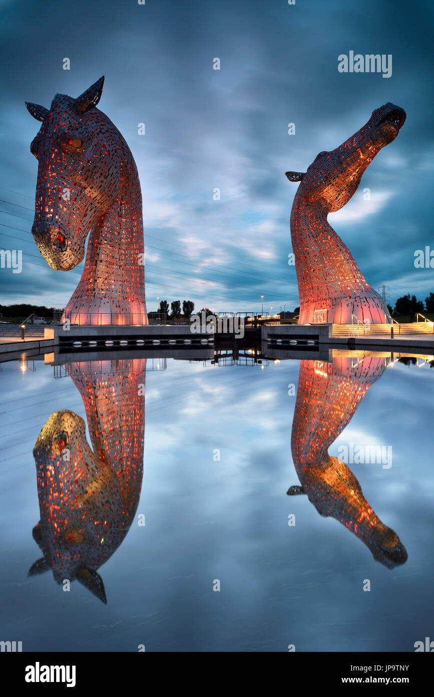 The Kelpies, 30metrehigh horsehead sculptures floodlit at night
