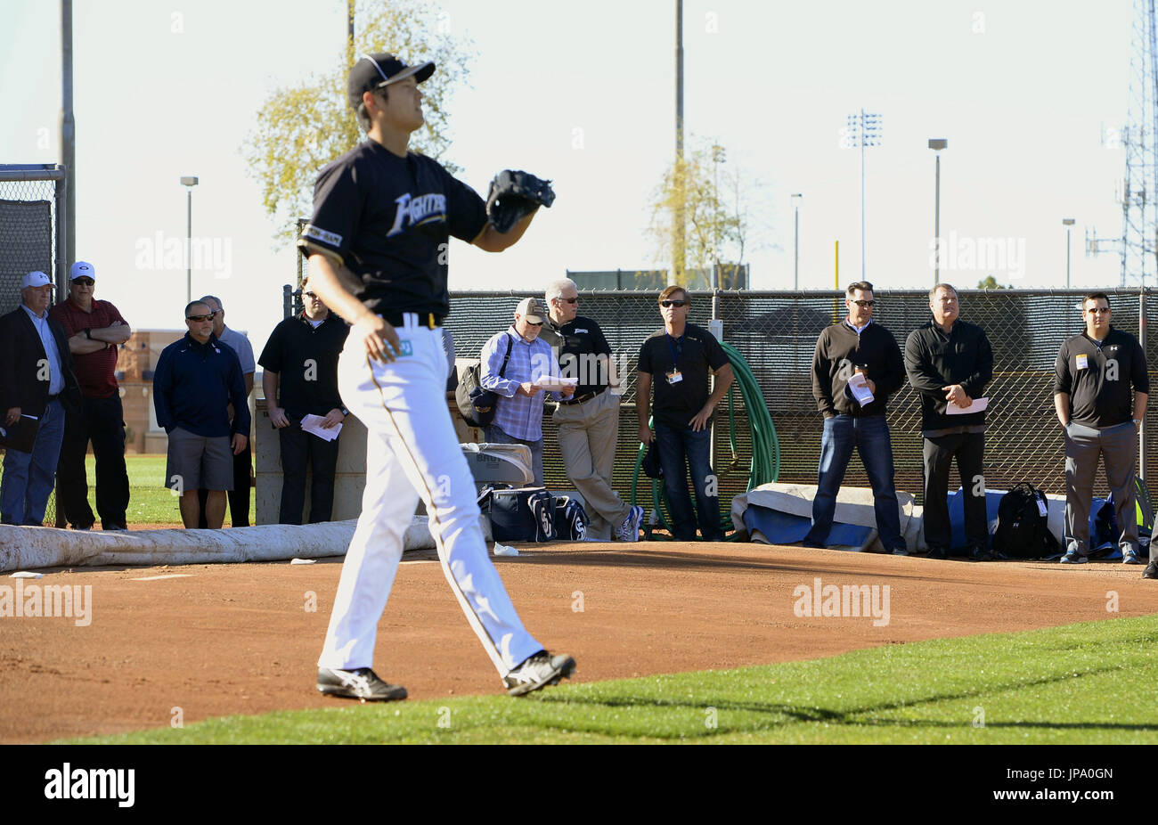 Major league scouts watch Japanese pitcher Shohei Otani in the bullpen ...