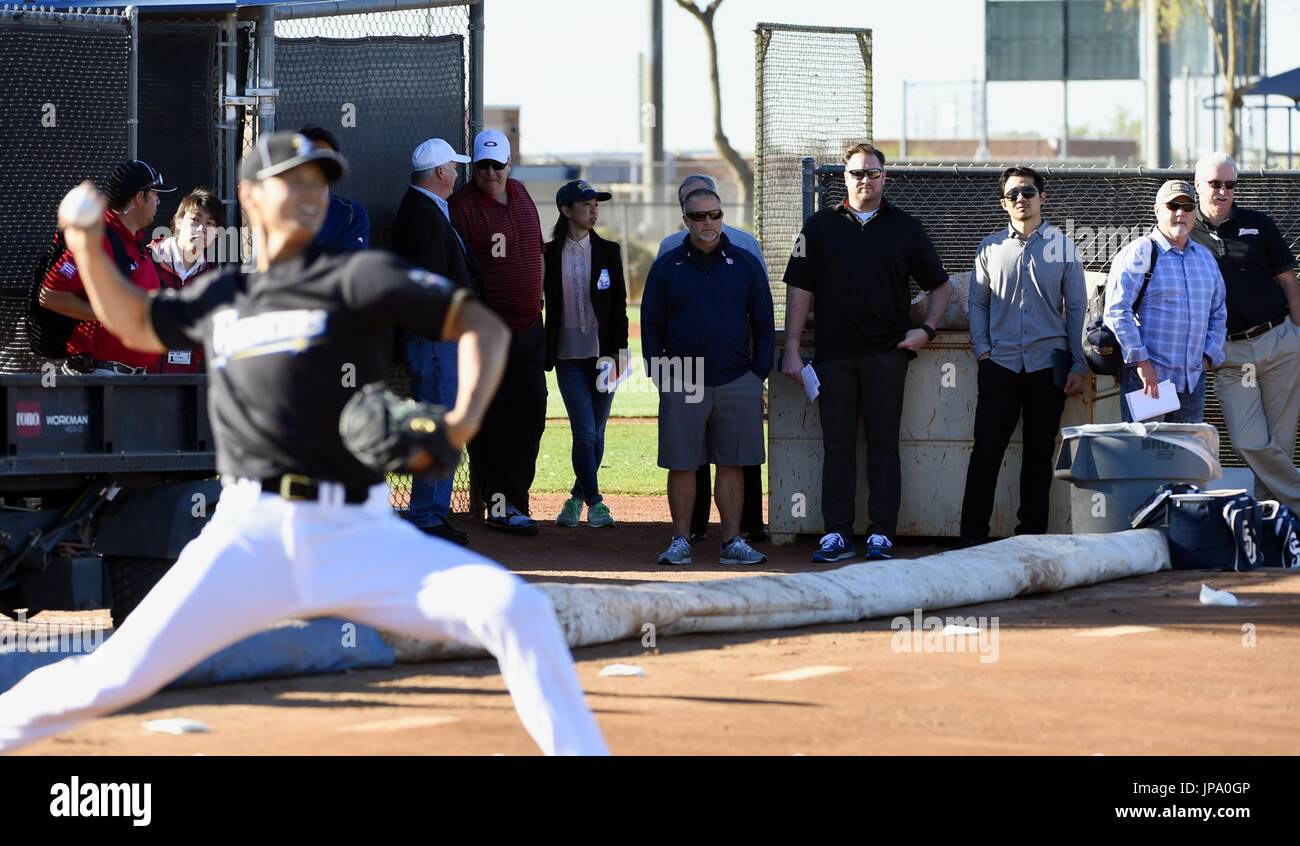 Major league scouts watch Japanese pitcher Shohei Otani in the bullpen ...