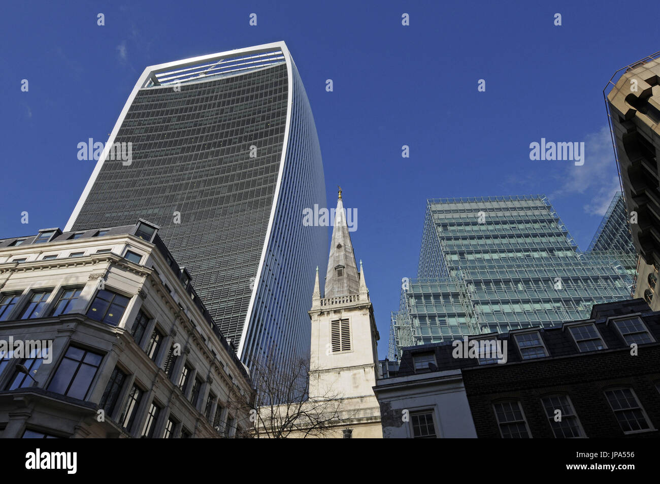 Saint Margaret Pattens church in Rood Lane with The Walkie Talkie Building in background City of London London England Stock Photo