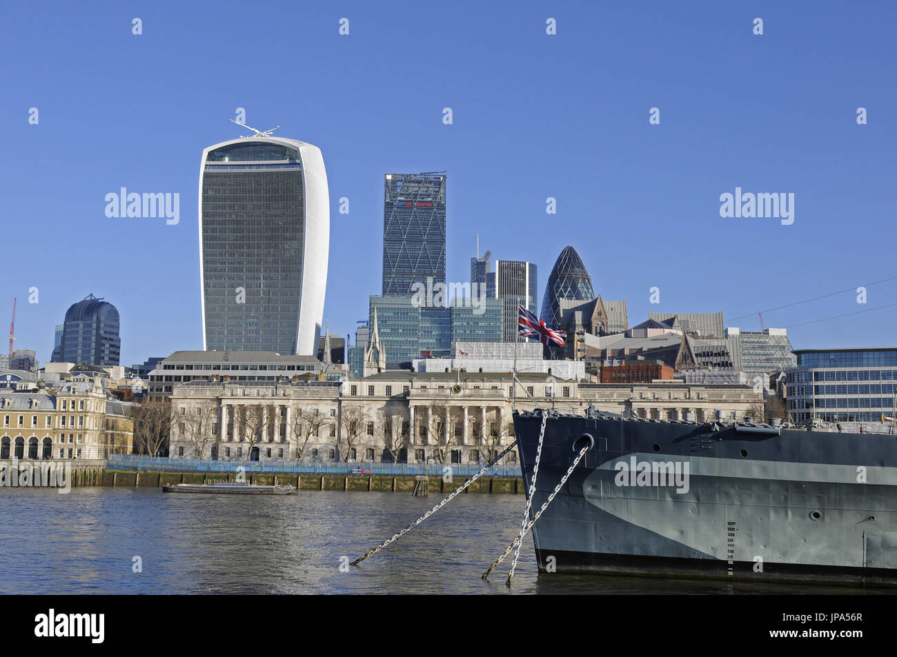 The view over the River Thames to the Modern Skyline of City of London with the Walkie Talkie and Cheesegrater and The Gherkin Buildings London England Stock Photo