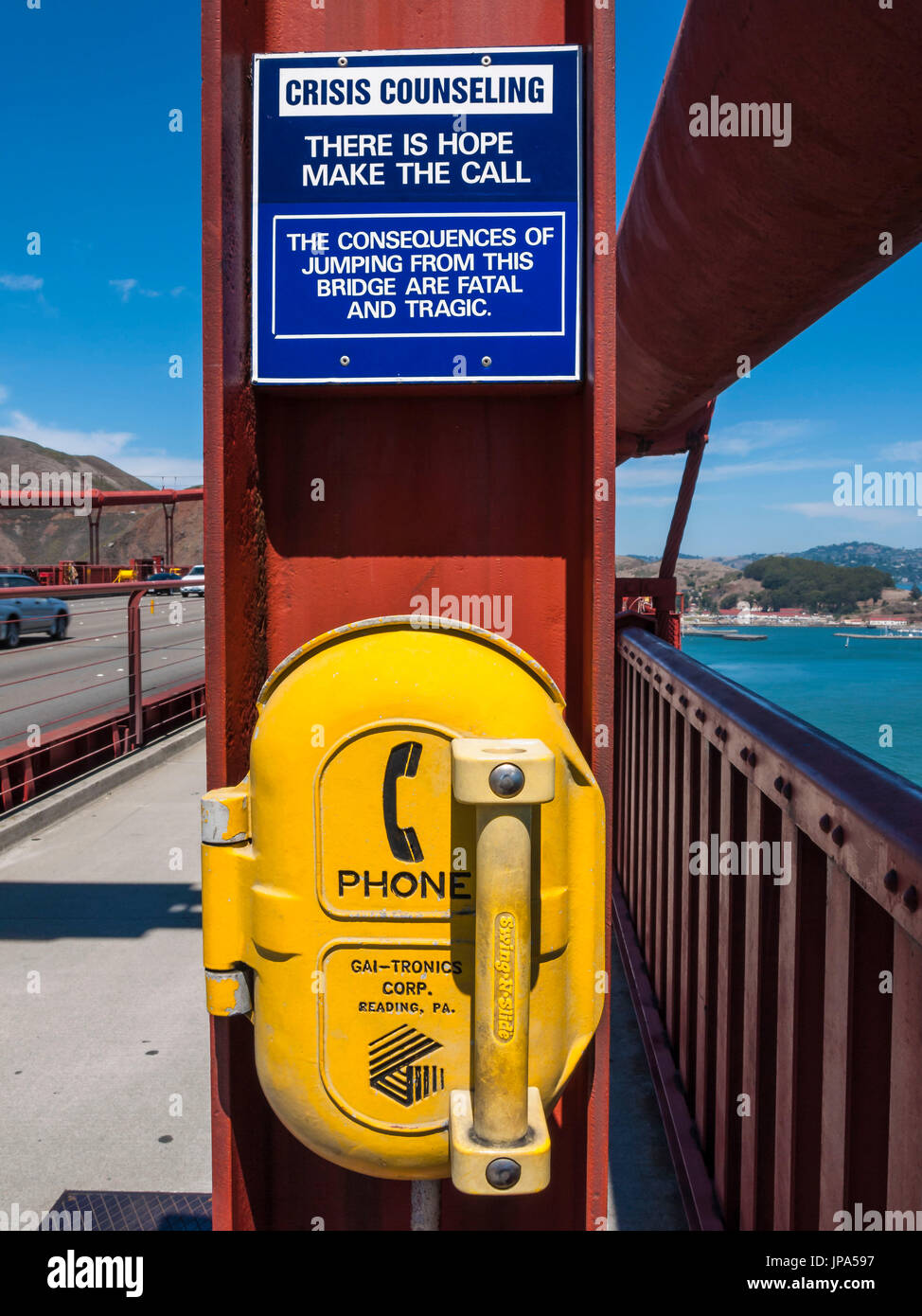 Emergency Phone, The Golden Gate Bridge, San Francisco, USA Stock Photo
