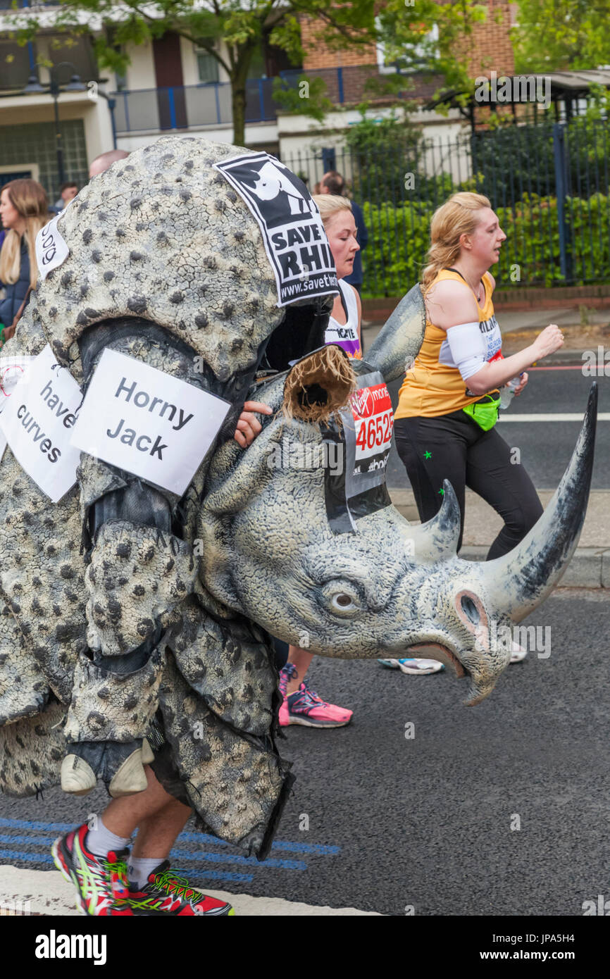 England, London, London Marathon, "Save the Rhino" Campaign Runner Stock Photo