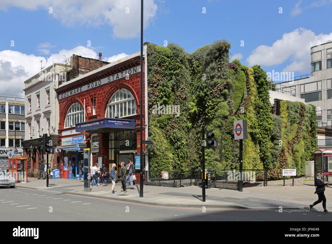 A highly successful 'green wall' planted on the side of the entrance to London's Edgware Road Bakerloo Line Underground station. UK Stock Photo