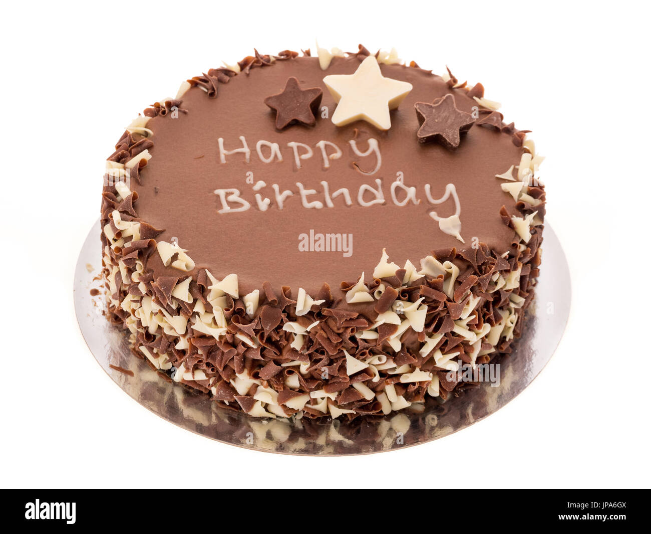 A chocolate birthday cake - white background Stock Photo - Alamy